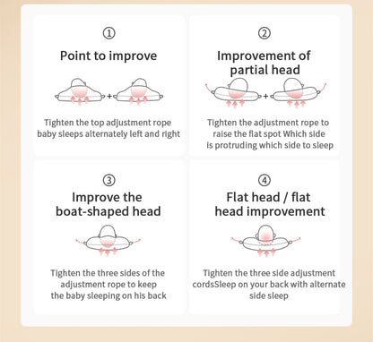Guide on how to adjust the baby pillow drawstrings to correct flat head syndrome, plagiocephaly, and boat-shaped head.