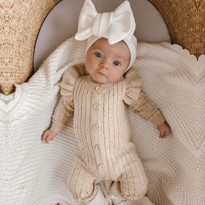 BleuRibbon Baby Knitted Jumpsuit, soft cotton comfort for autumn wear, available in multiple sizes for infants and toddlers.