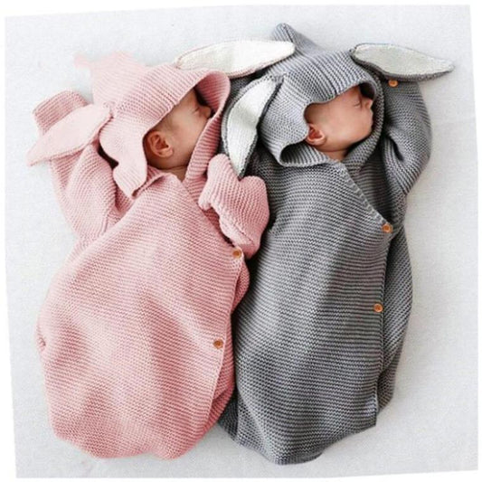 BleuRibbon Baby Knitted Rabbit Sleeping Bag, soft and cozy infant blanket with adorable rabbit ears.