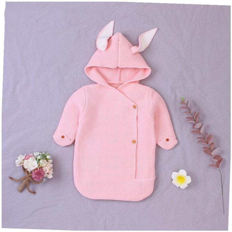 BleuRibbon Baby Knitted Rabbit Sleeping Bag, soft and cozy infant blanket with adorable rabbit ears.