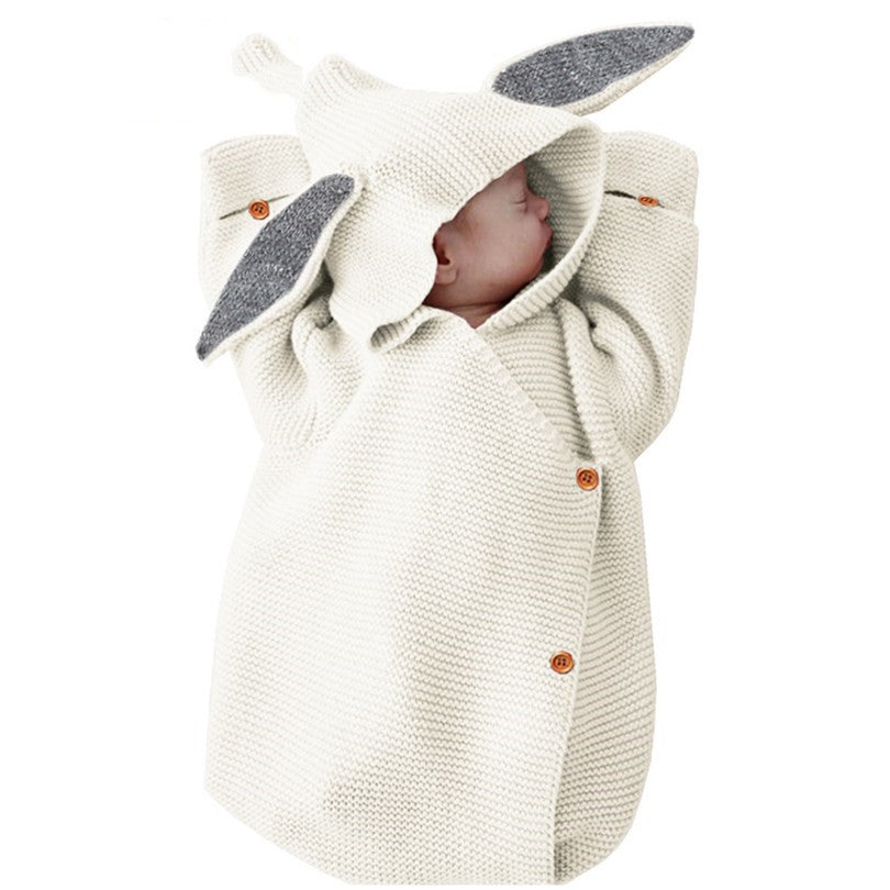 BleuRibbon Baby Knitted Rabbit Sleeping Bag, soft and cozy infant blanket with adorable rabbit ears.