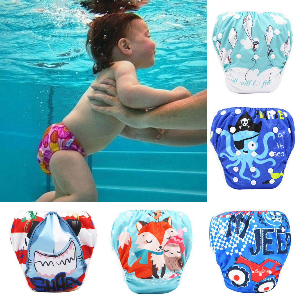 BleuRibbon Baby leak-proof swim trunks with adjustable fit for boys & girls. Waterproof TPU fabric for pools & beaches.