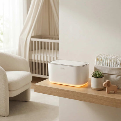 White CozyCaress adjustable wipe warmer displayed on a floating oak shelf in a neutral, modern nursery interior with organic cotton accessories.