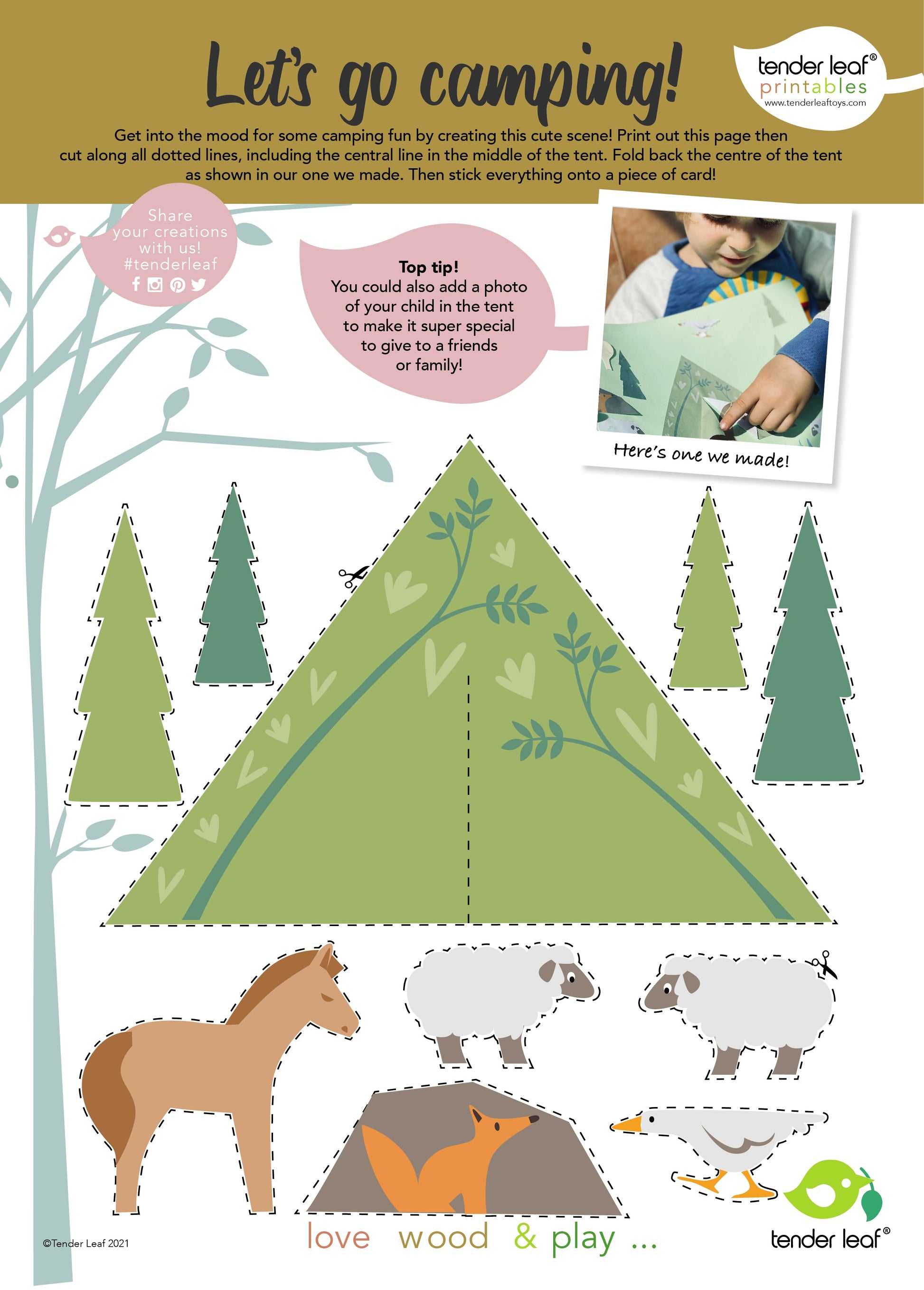 Children's activity sheet with a paper tent, trees, animals, and instructions for 'Let's go camping'. Mountain View Wooden Train Set 58-piece set by Tender Leaf Toys