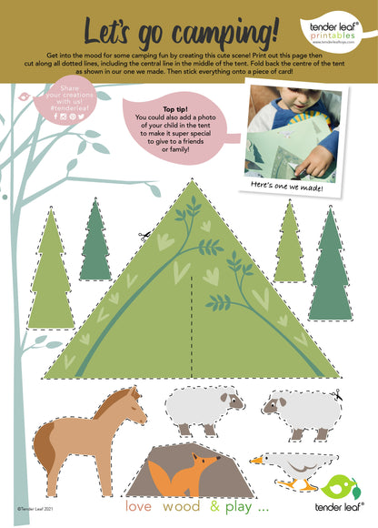 Children's activity sheet with a paper tent, trees, animals, and instructions for 'Let's go camping'. Mountain View Wooden Train Set 58-piece set by Tender Leaf Toys