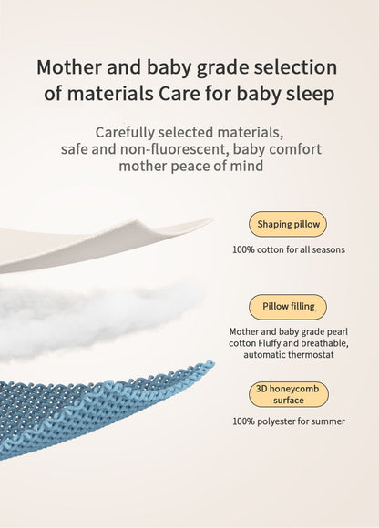 Internal layers showing 100% cotton surface, breathable mother-baby grade pearl cotton filling, and 3D honeycomb mesh.