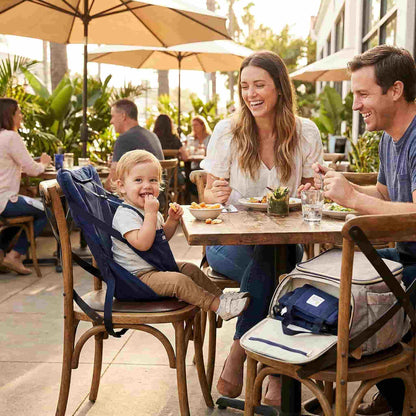 Toddler sitting safely in a navy blue BabySafe Portable High Chair harness at an outdoor restaurant, showing how to dine out with a baby without a bulky high chair.