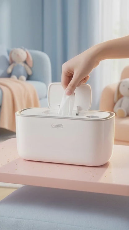 White CozyCaress adjustable wipe warmer displayed on a floating oak shelf in a neutral, modern nursery interior with organic cotton accessories.