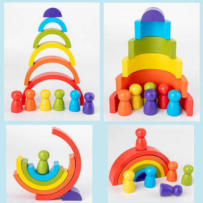 BleuRibbon Baby Rainbow Arched Building Blocks – Wooden learning toy for toddlers with eco-friendly paint.