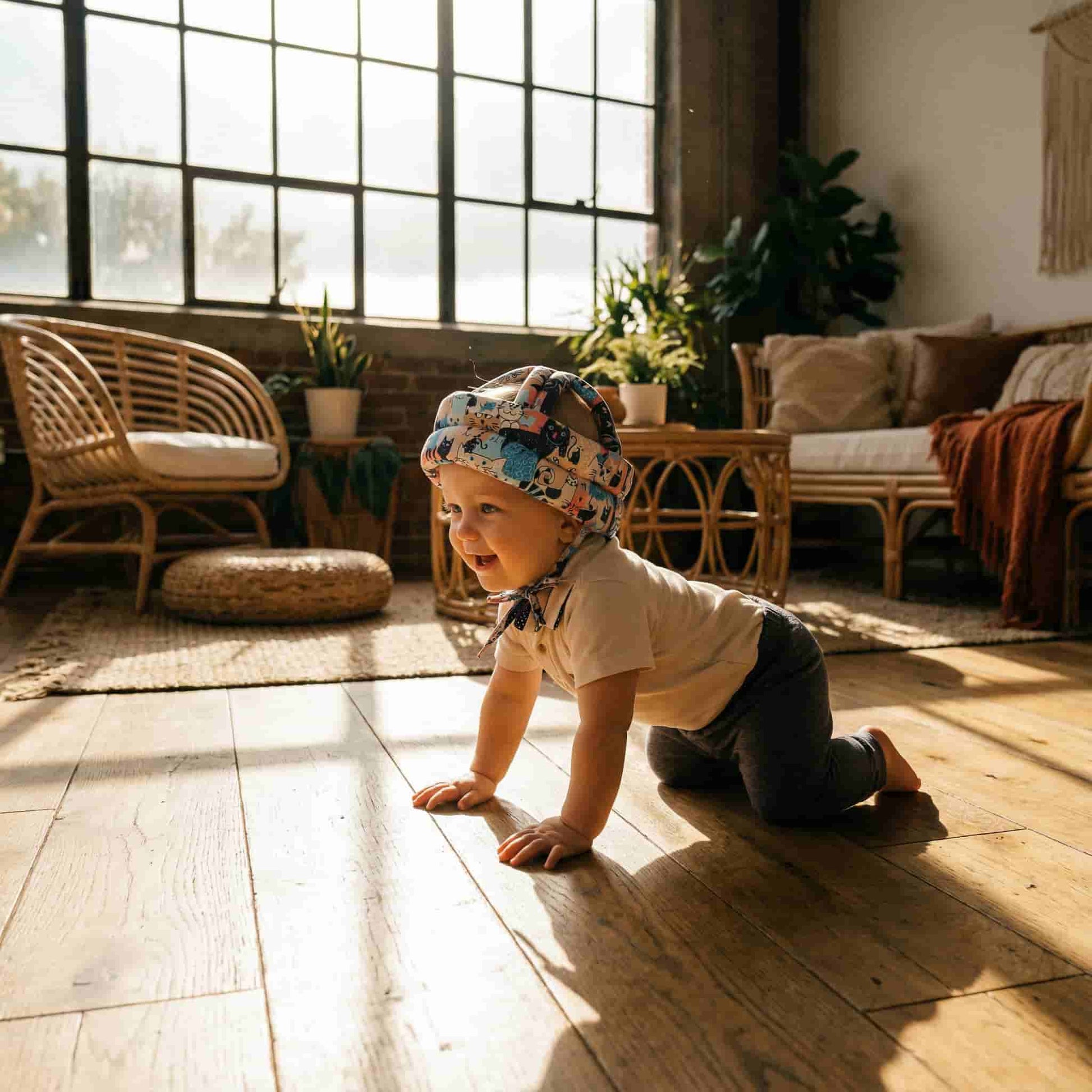 A happy baby crawling on a wooden floor in a sunlit room wearing a SafePlay blue cat pattern baby head protector to prevent bumps.