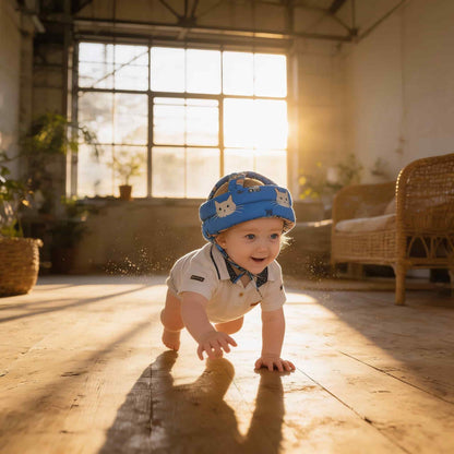 A happy baby crawling on a wooden floor in a sunlit room wearing a SafePlay blue cat pattern baby head protector to prevent bumps.