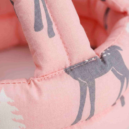 Close-up macro shot of the breathable cotton fabric and high-quality stitching on the SafePlay baby head protector helmet.