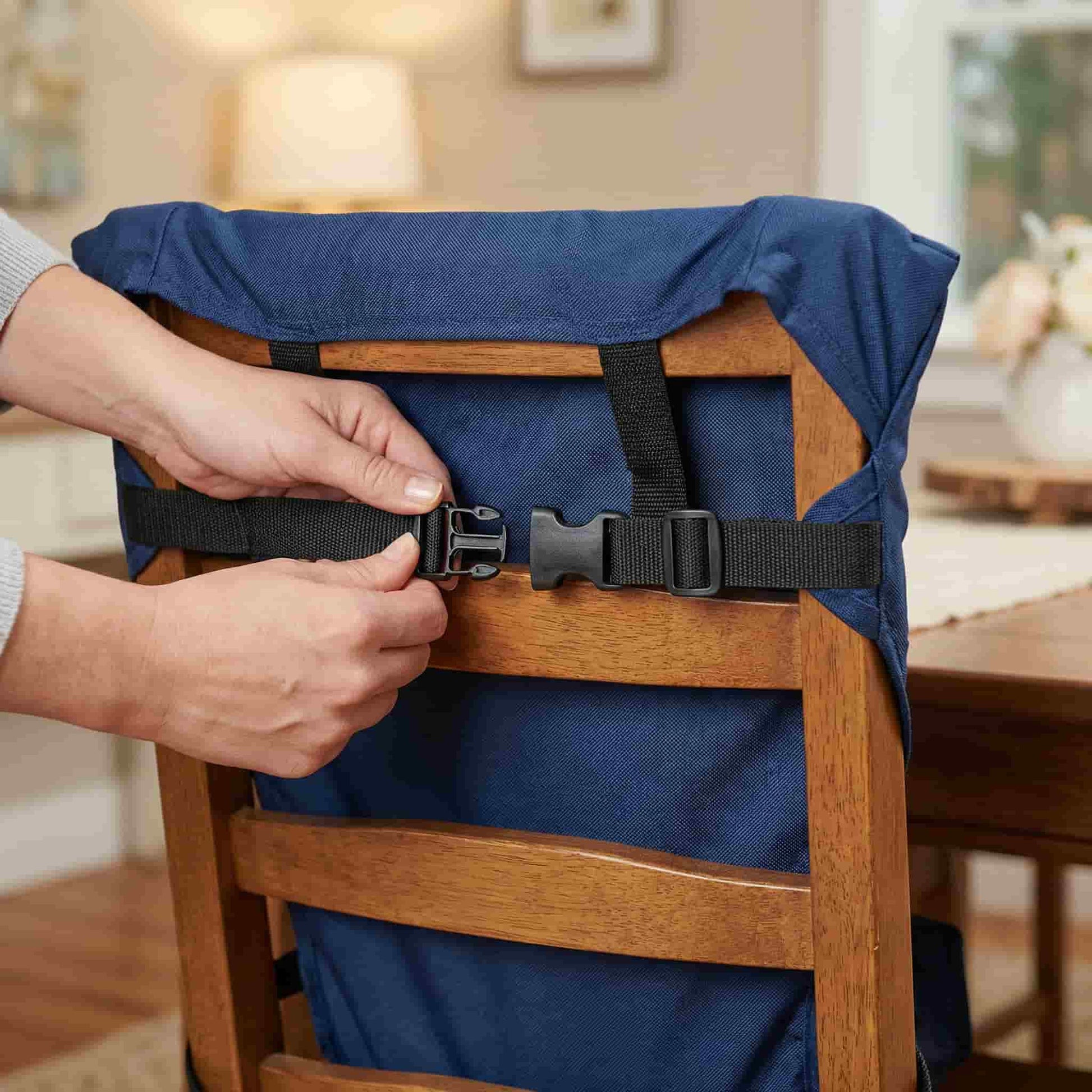 Close-up view of a parent securing the safety clips of the washable fabric high chair harness onto a standard dining chair, highlighting the strong adjustable straps.