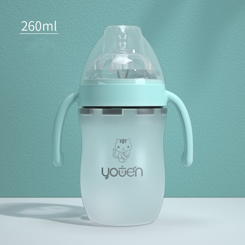 BleuRibbon Baby Silicone Anti-Drop Bottle, soft BPA-free design with spill-proof straw and handles for easy drinking.