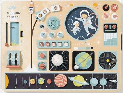 Interactive features of wooden space station showing rotating stars and moving planets