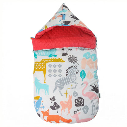 BleuRibbon Baby fleece stroller quilt with hood. Baby's sleeping bag with animal pattern and red interior on a white background