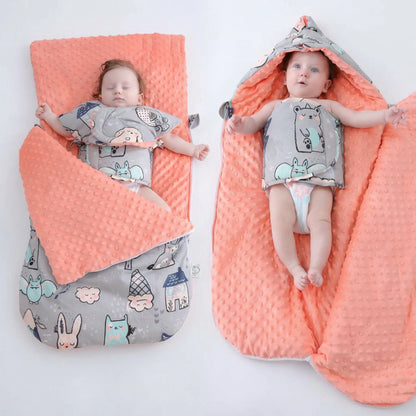 BleuRibbon Baby fleece stroller quilt with hood. Two babies in sleeping bags with animal patterns on a white background