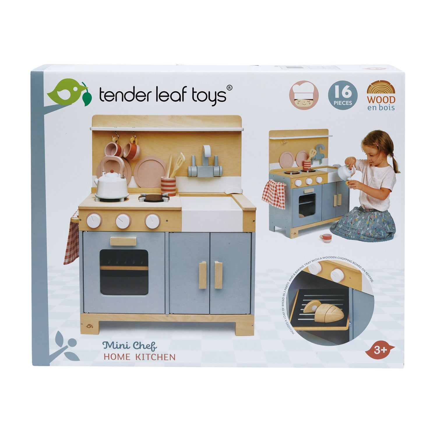 Tender Leaf Toys Mini Chef Home Kitchen toy set packaging The premium illustrated color box packaging for the Home Kitchen, highlighting its status as an heirloom-quality gift for children aged 3 and up.