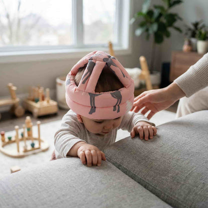 A 10-month-old baby attempting to stand up near a sofa wearing a protective head cushion, viewed from a parent's perspective in a cozy living room.