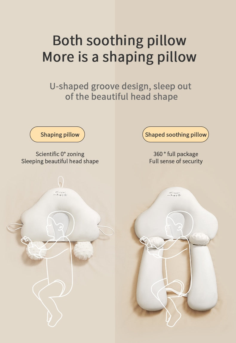 Scientific U-shaped groove design comparison showing 360-degree soothing support and head shaping zone.