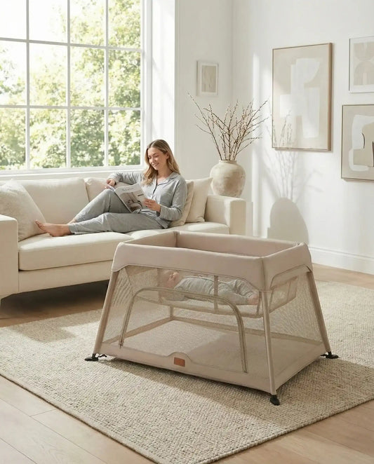 Venture Airpod 3 Travel Cot in Beige - 3-in-1 design with newborn bassinet.