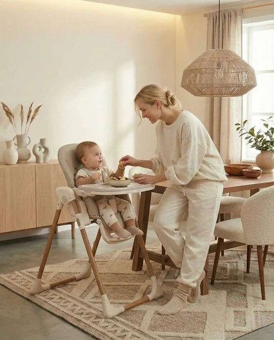 Woman feeding a baby in Venture Flare Highchair in Beige with adjustable height and wooden accents  in a modern kitchen.