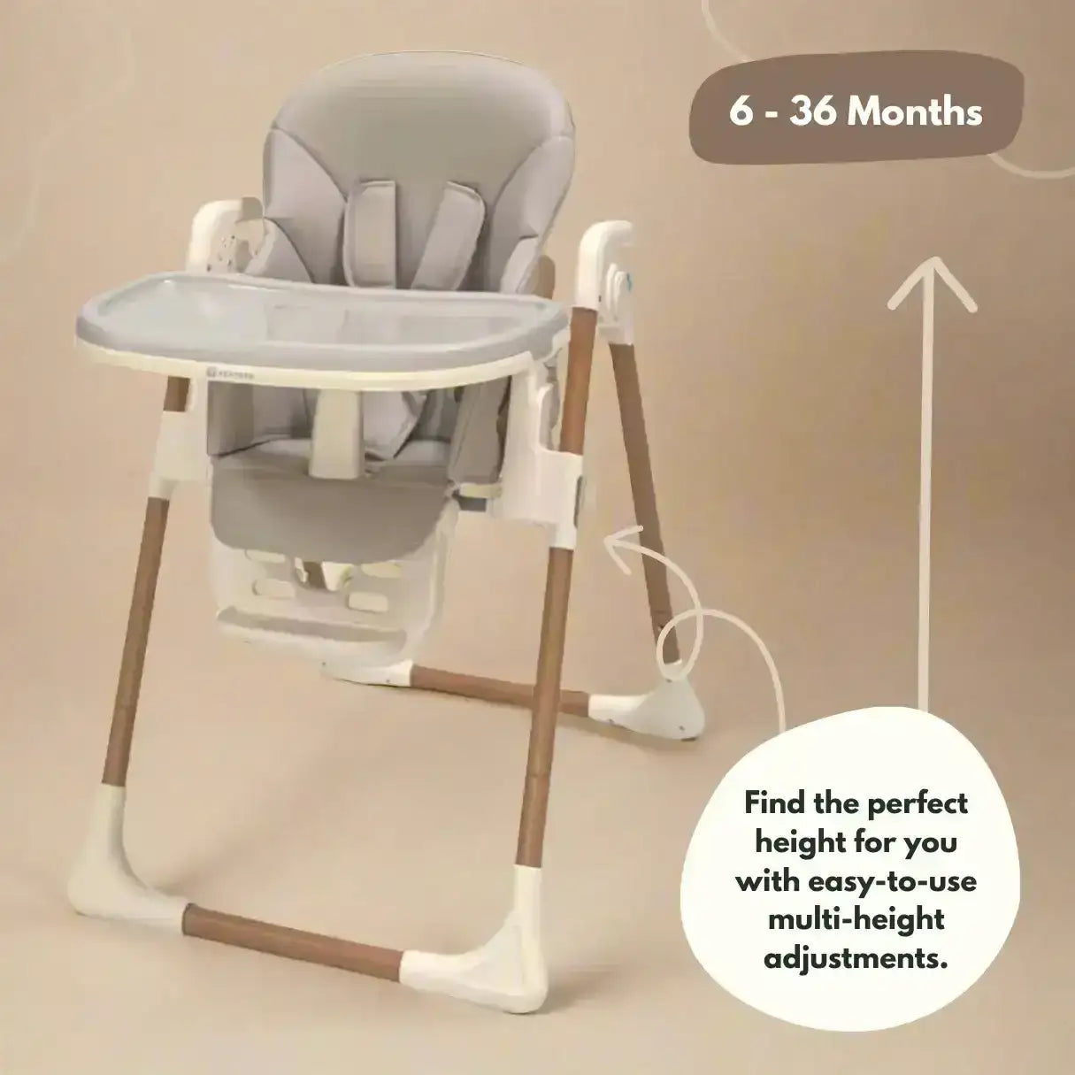 Venture Flare Highchair in Beige with adjustable height and wooden accents with adjustable height feature on a beige background