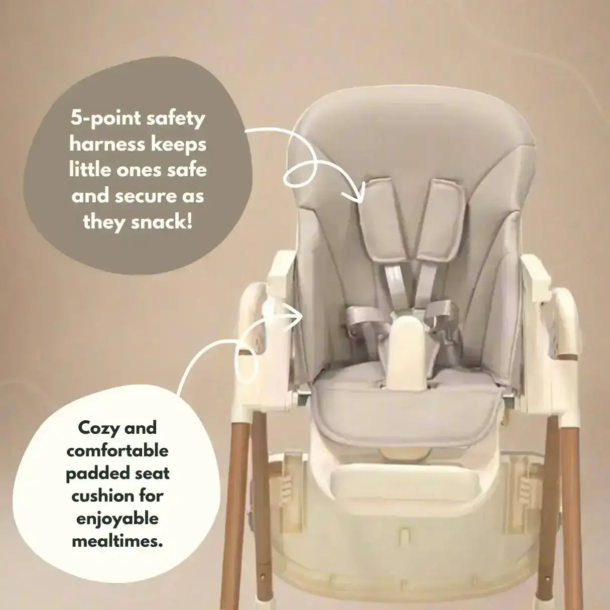 Venture Flare Highchair in Beige with adjustable height and wooden accents with safety harness and cushion on a beige background