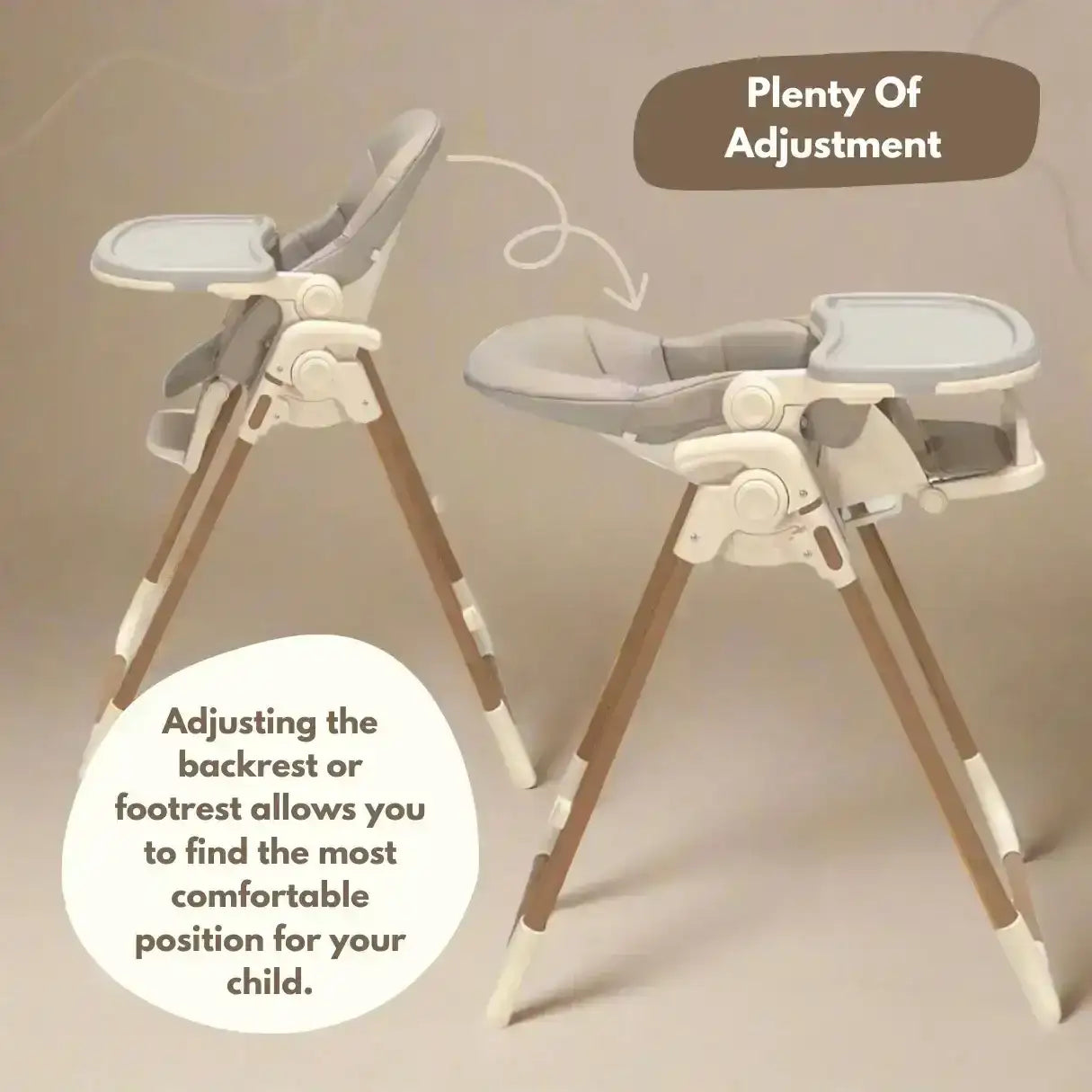 Venture Flare Highchair in Beige with adjustable height and wooden accents with text on a beige background