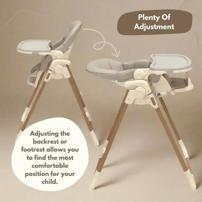 Venture Flare Highchair in Beige with adjustable height and wooden accents with text on a beige background
