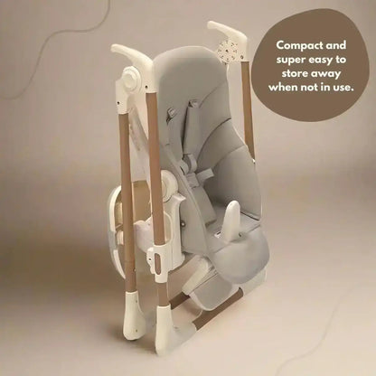 Venture Flare Highchair in Beige with adjustable height and wooden accents with text indicating ease of storage.