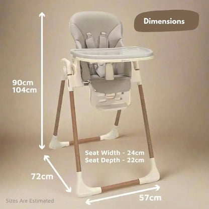 Venture Flare Highchair in Beige with adjustable height and wooden accents with dimensions labeled on a beige background