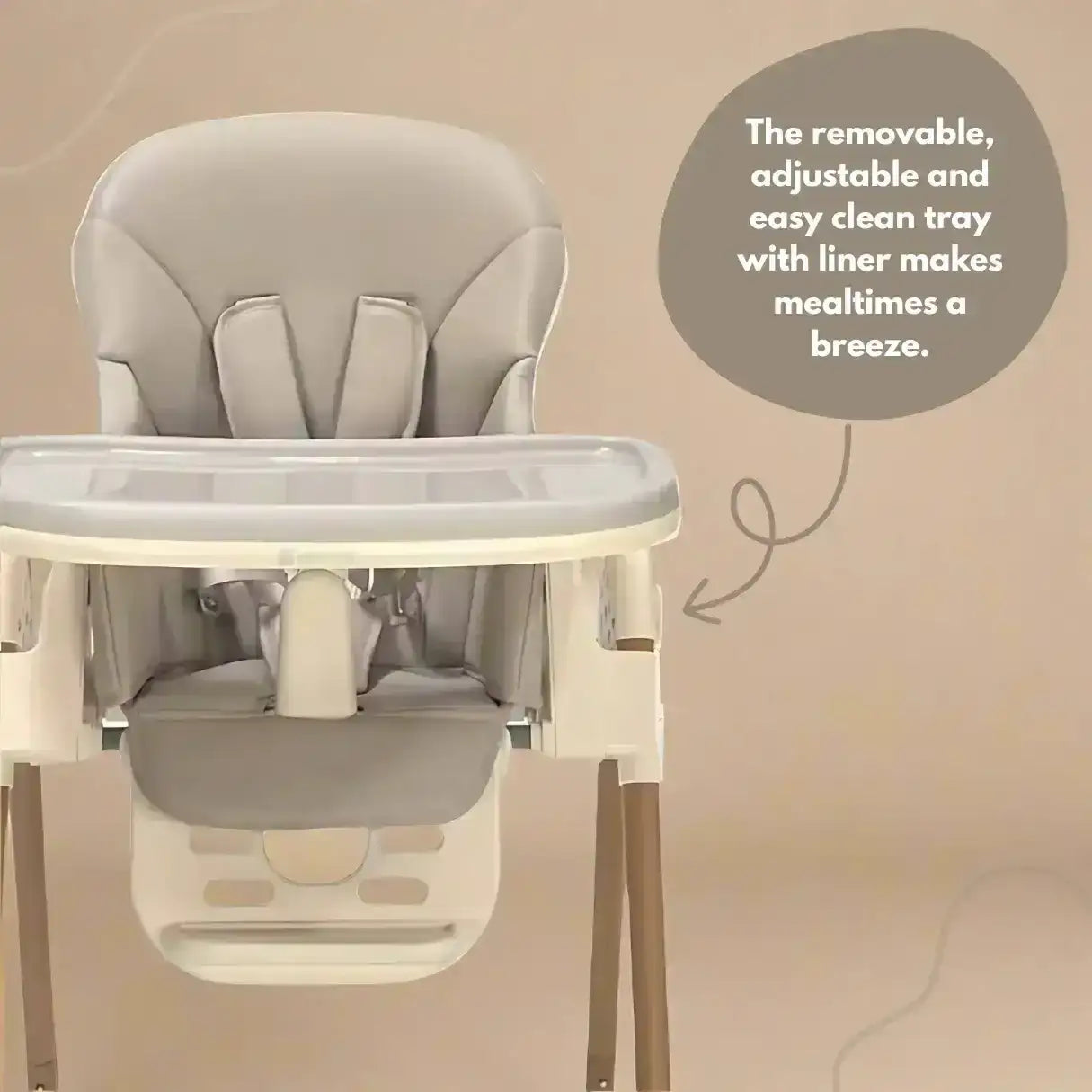 Venture Flare Highchair in Beige with adjustable height and wooden accents with a detachable tray on a beige background