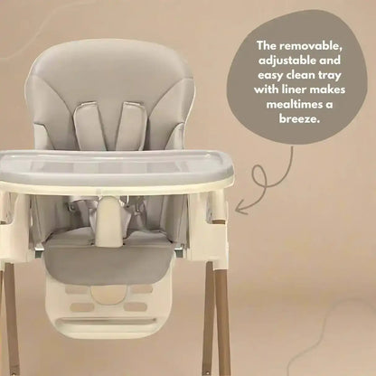 Venture Flare Highchair in Beige with adjustable height and wooden accents with a detachable tray on a beige background