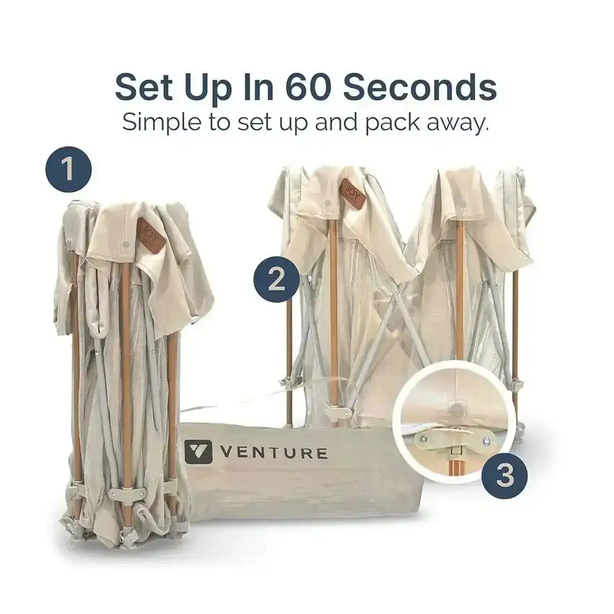 Portable outdoor umbrella with setup instructions and Venture brand logo on a white background