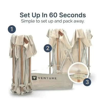Portable outdoor umbrella with setup instructions and Venture brand logo on a white background