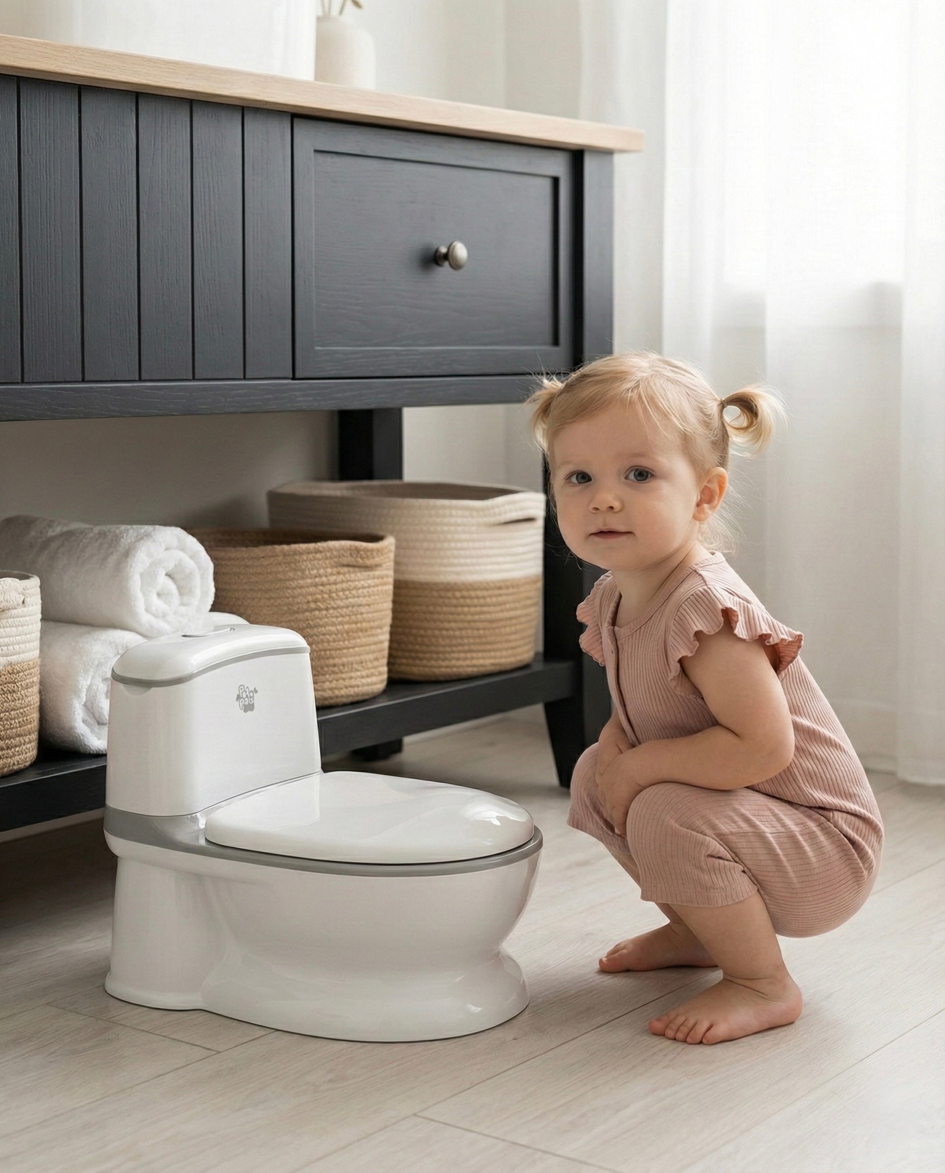 Venture Realistic Training Potty in Grey with flushing sounds and lights. Child in a bathroom with a toilet and storage shelves.