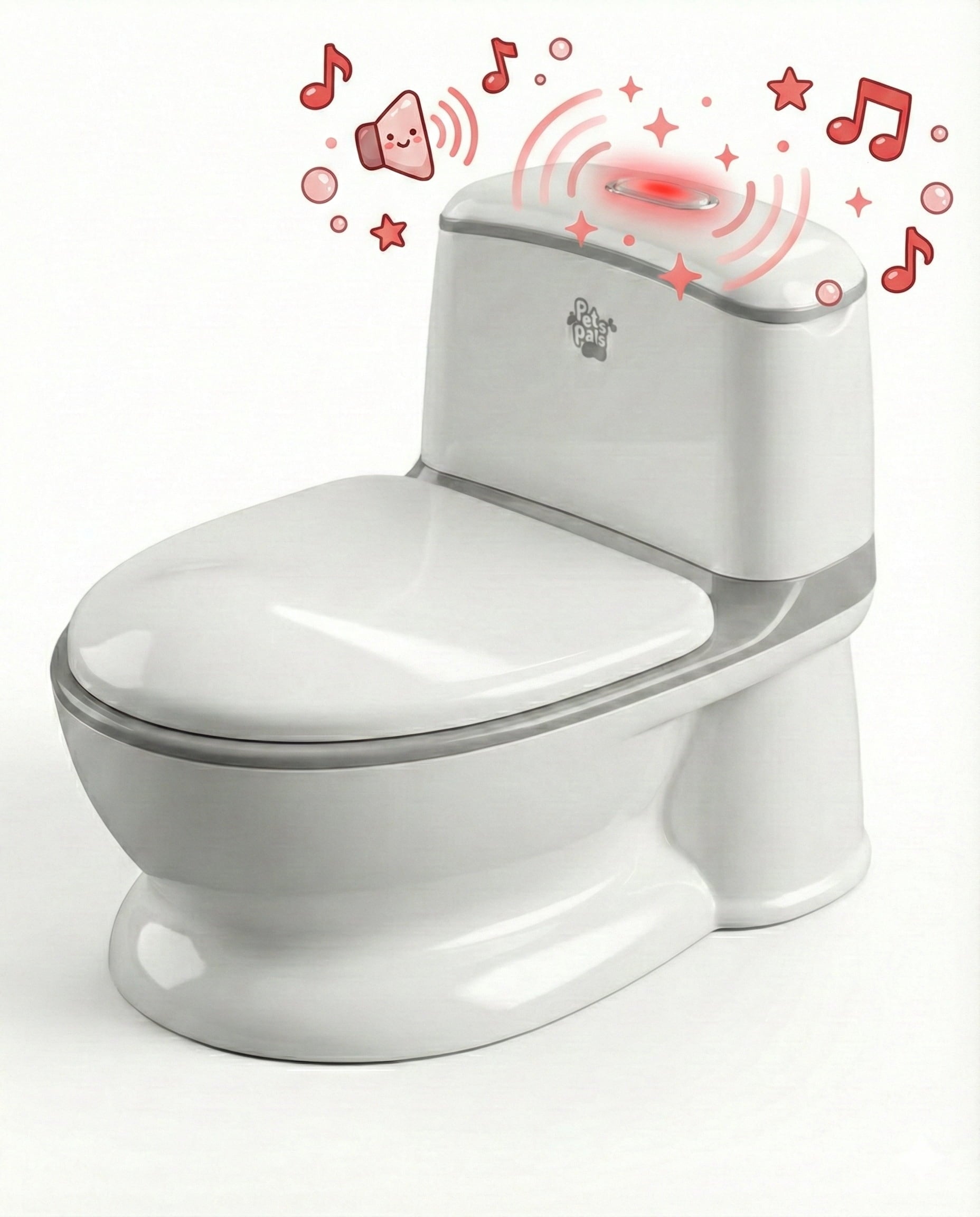 Venture Realistic Training Potty in Grey with flushing sounds and lights. White toilet with sound wave graphics and musical notes on a white background