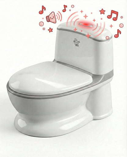 Venture Realistic Training Potty in Grey with flushing sounds and lights. White toilet with sound wave graphics and musical notes on a white background