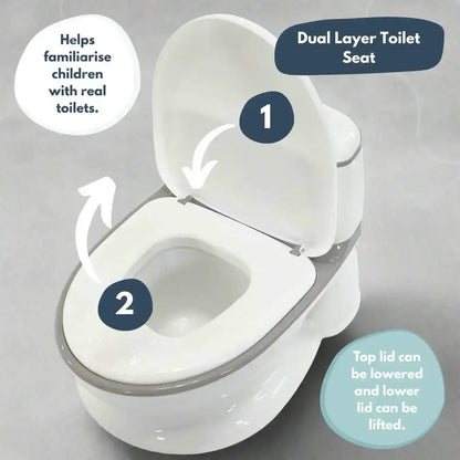 Venture Realistic Training Potty in Grey with flushing sounds and lights. White dual-layer toilet seat with features highlighted on a gray background