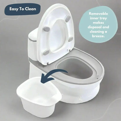 Toilet with removable inner tray labeled 'Easy To Clean' and 'Removable inner tray makes disposal and cleaning a breeze.'