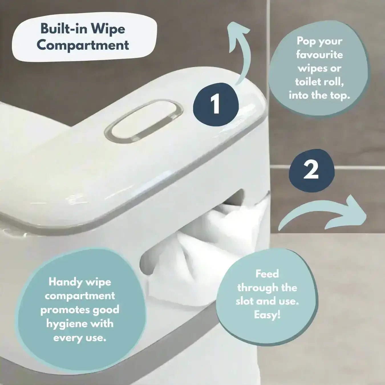 Venture Realistic Training Potty in Grey with flushing sounds and lights. Toilet seat with built-in wipe compartment and instructions on how to use it.