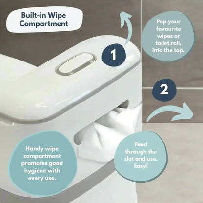 Venture Realistic Training Potty in Grey with flushing sounds and lights. Toilet seat with built-in wipe compartment and instructions on how to use it.