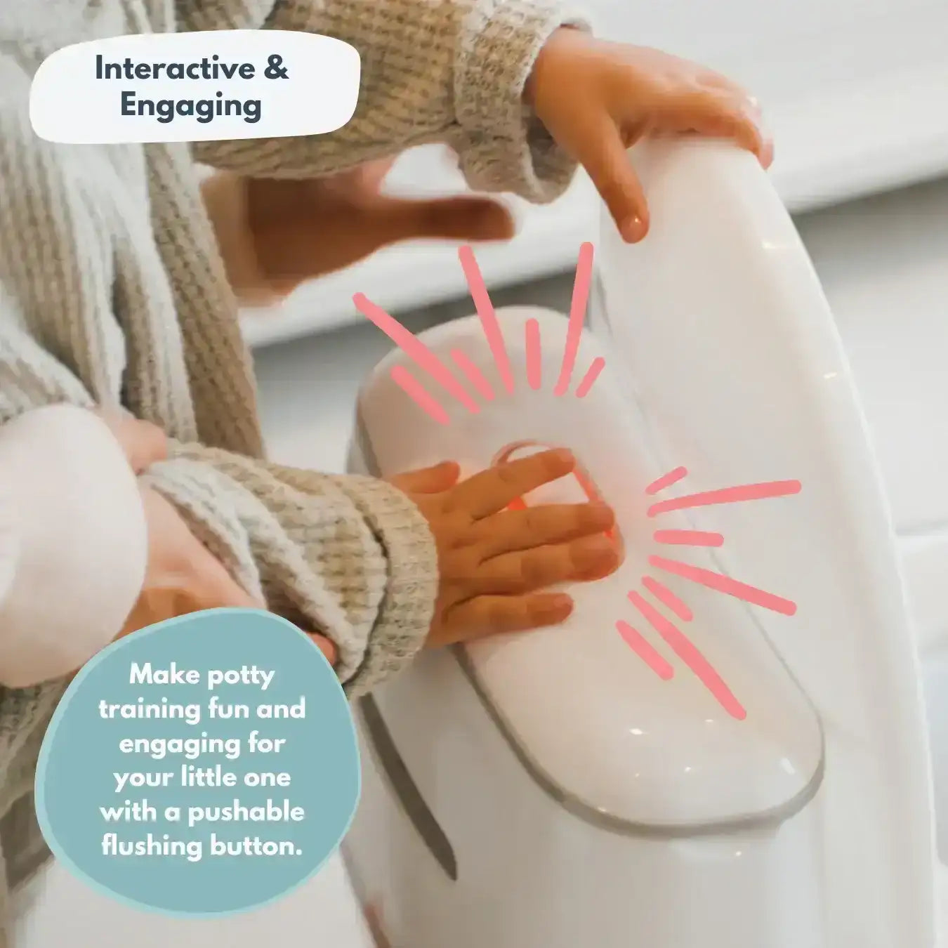 Venture Realistic Training Potty in Grey with flushing sounds and lights. Child using a potty with a pushable flushing button, labeled as interactive and engaging.