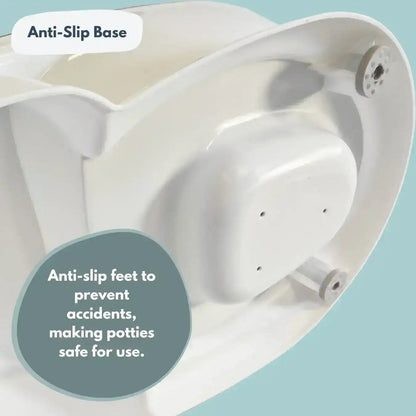 Venture Realistic Training Potty in Grey with flushing sounds and lights. White potty with anti-slip base feature on a light blue background