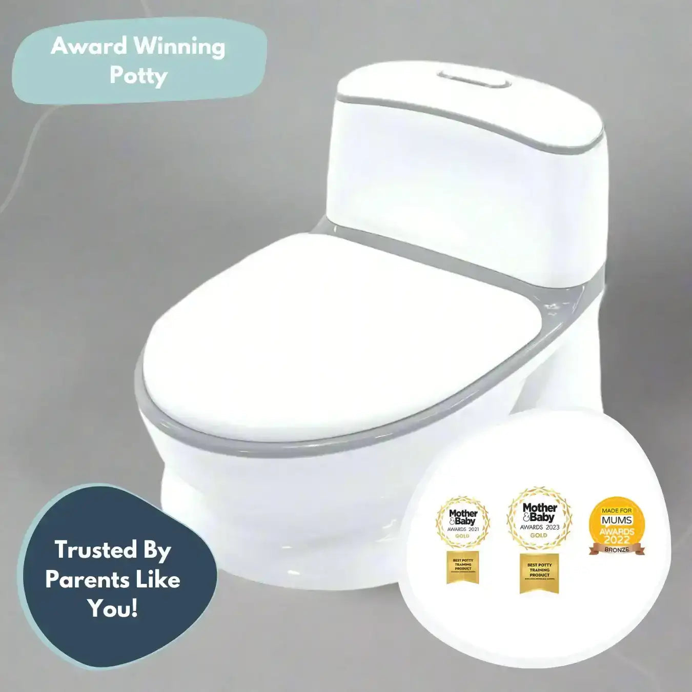 Venture Realistic Training Potty in Grey with flushing sounds and lights. Children's potty with awards on a gray background