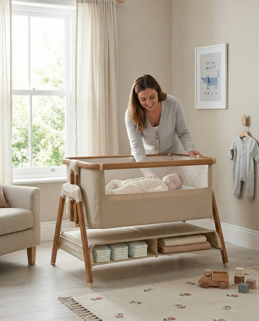 Venture Sona Bedside Crib in Beige - Safe co-sleeping crib for newborns. Woman interacting with a baby in a modern crib in a well-lit nursery.