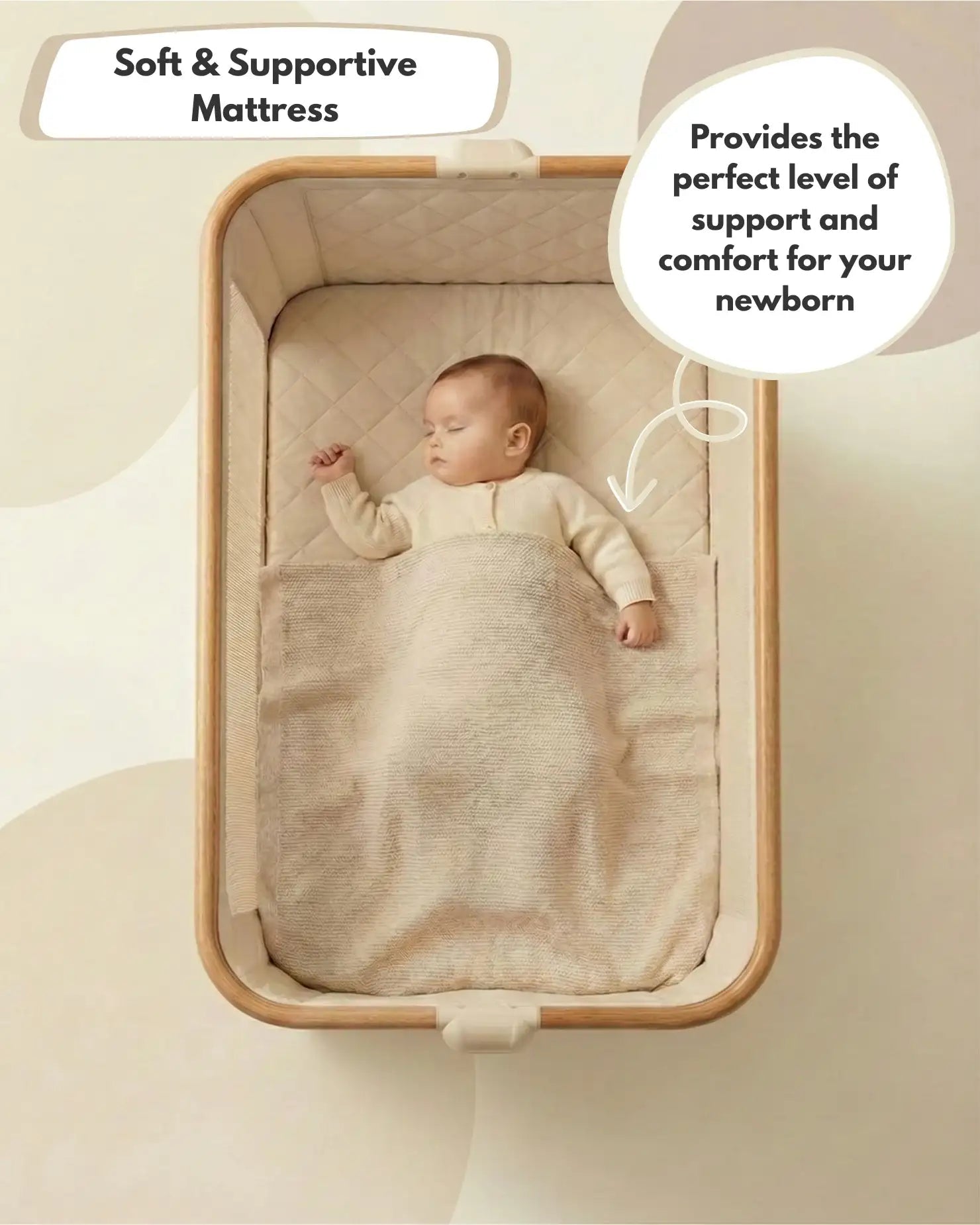 Baby sleeping in Venture Sona Bedside Crib in Beige for newborns. with a soft and supportive mattress, text indicating comfort for newborn