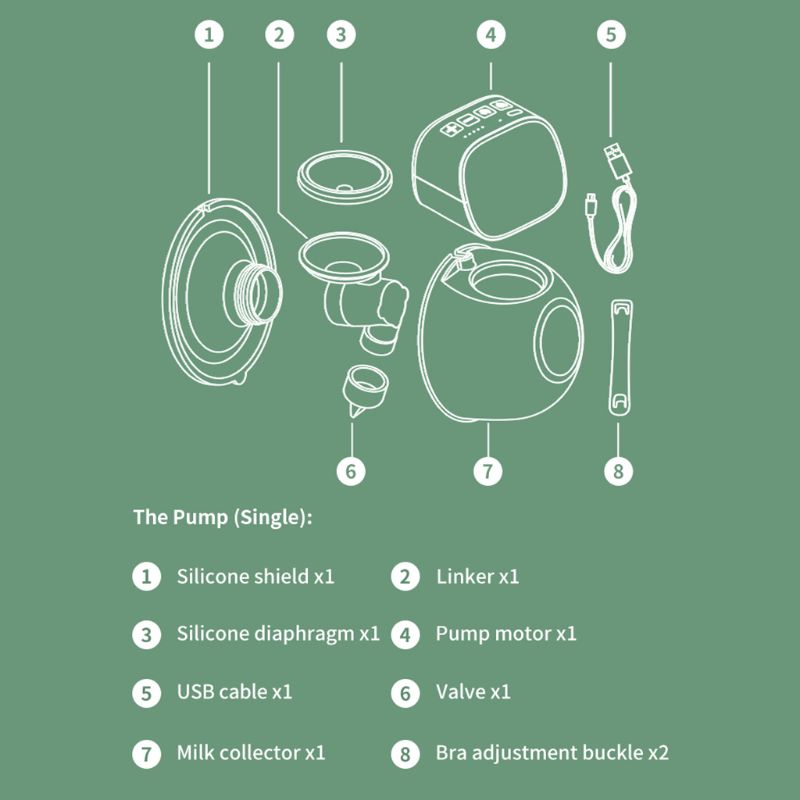 Diagram of pump parts with labels on a green background bleu ribbon 