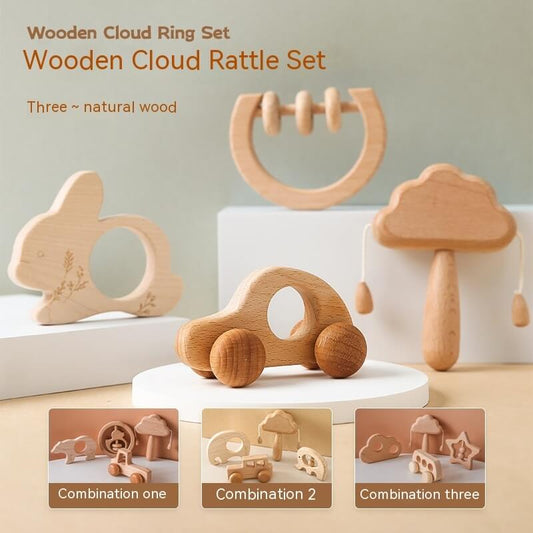 BleuRibbon Baby Wooden Cloud Rattle Set, Montessori-inspired sensory toy for infants, eco-friendly.